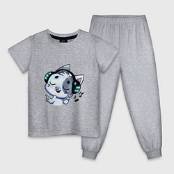 Пижама хлопковая детская Котик в наушниках, цвет: меланж