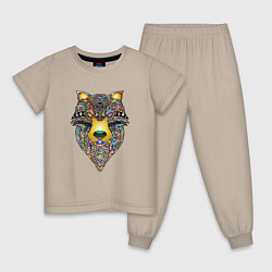 Пижама хлопковая детская Разноцветная голова волка, цвет: миндальный