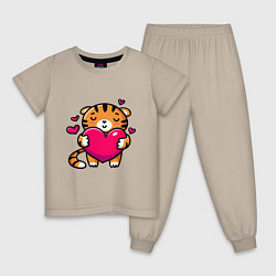 Пижама хлопковая детская Милый тигренок с сердечком, цвет: миндальный