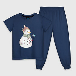 Пижама хлопковая детская Снеговик с птичкой, цвет: тёмно-синий