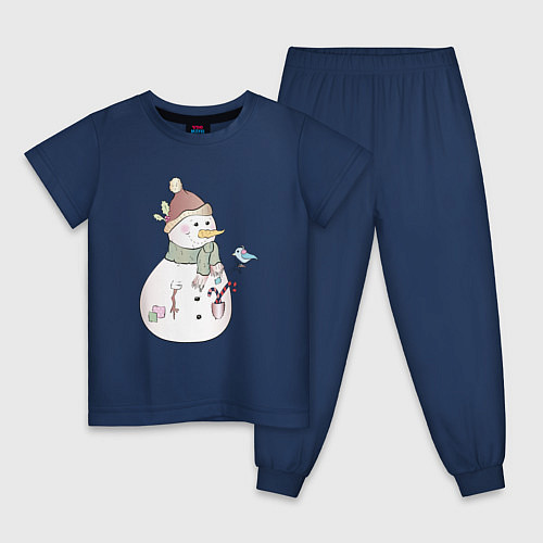 Детская пижама Снеговик с птичкой / Тёмно-синий – фото 1