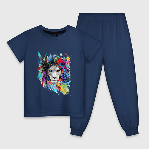 Детская пижама Лев в цветах и перьях / Тёмно-синий – фото 1