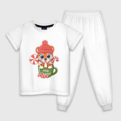 Пижама хлопковая детская Тигренок в новогодней кружке 2022, цвет: белый