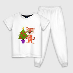 Пижама хлопковая детская Тигр наряжает новогоднюю елку, цвет: белый