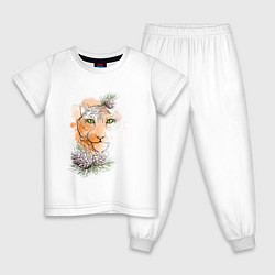 Пижама хлопковая детская Акварельный тигр в сосновых веточках, цвет: белый