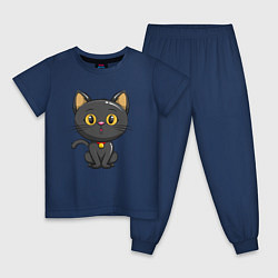 Пижама хлопковая детская Черный маленький котенок, цвет: тёмно-синий