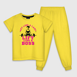 Пижама хлопковая детская Вести себя как леди, поднимать как босс, цвет: желтый