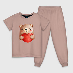 Пижама хлопковая детская Мишка с сердечком с валентинкой, цвет: пыльно-розовый