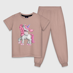 Пижама хлопковая детская Единорог с розовой гривой, цвет: пыльно-розовый