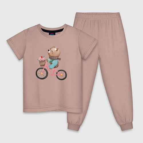 Детская пижама Медведь с цветами на велосипеде / Пыльно-розовый – фото 1