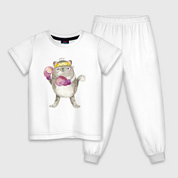 Пижама хлопковая детская Плюшевый кот-боксер, цвет: белый