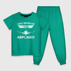 Пижама хлопковая детская Легко отвлекается на самолеты цвета зеленый — фото 1