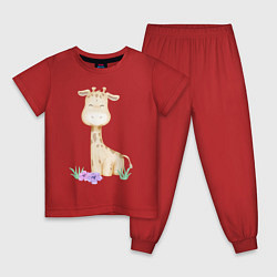 Пижама хлопковая детская Милый Жирафик С Цветками, цвет: красный