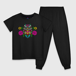 Пижама хлопковая детская Красочная цветочная сова, цвет: черный
