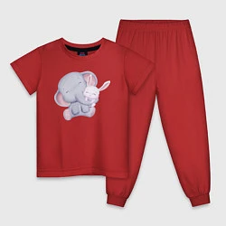 Пижама хлопковая детская Милый Слонёнок и Крольчонок Обнимаются, цвет: красный