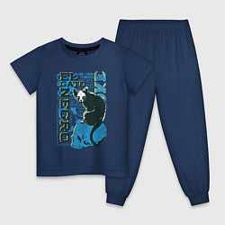 Пижама хлопковая детская Футболка с изображением черепа кошки, цвет: тёмно-синий