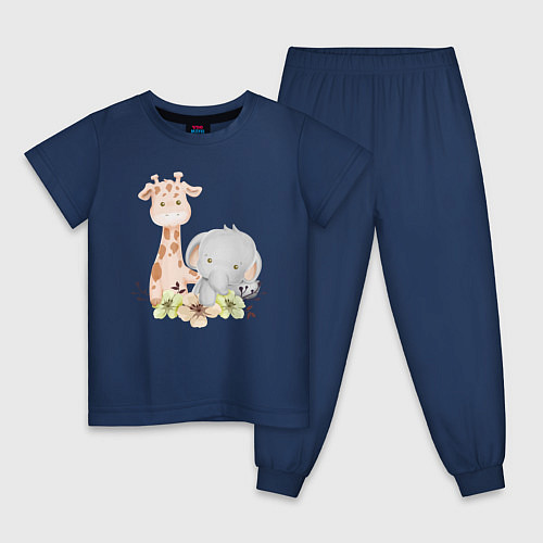 Детская пижама Милый Жирафик и Слонёнок Сидят Среди Цветов / Тёмно-синий – фото 1