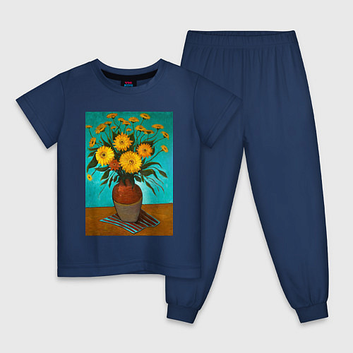 Детская пижама Желтые герберы в вазе живопись / Тёмно-синий – фото 1