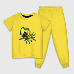 Пижама хлопковая детская Птица тукан с цветами и листьями, цвет: желтый