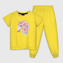 Пижама хлопковая детская Белый единорог в цветах, цвет: желтый