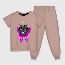 Пижама хлопковая детская Черная кошечка балерина, цвет: пыльно-розовый