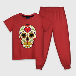 Пижама хлопковая детская Череп с замочком, с подсолнухами и цветами, цвет: красный