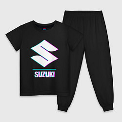 Пижама хлопковая детская Значок Suzuki в стиле glitch, цвет: черный