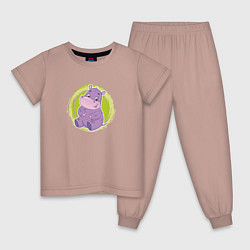 Пижама хлопковая детская Мультяшный бегемотик, цвет: пыльно-розовый