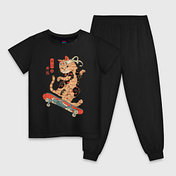 Пижама хлопковая детская Кот самурай скейтбордист, цвет: черный