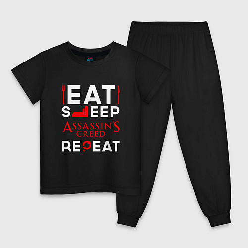 Детская пижама Надпись eat sleep Assassins Creed repeat / Черный – фото 1
