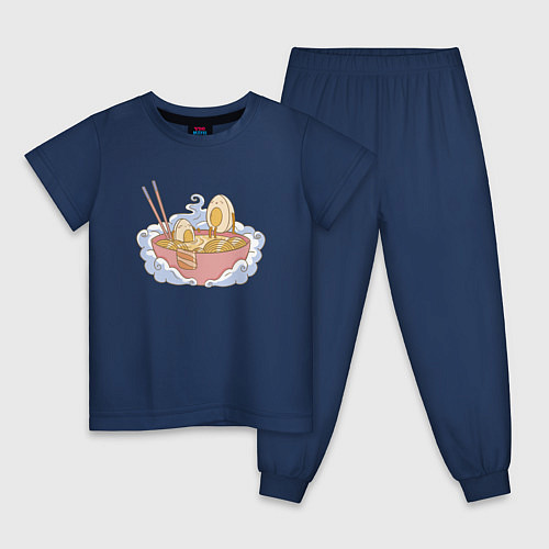 Детская пижама Каваи яйца в миске для рамена с лапшой / Тёмно-синий – фото 1