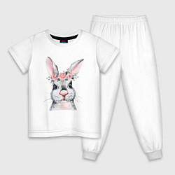 Пижама хлопковая детская Кролик в цветах, цвет: белый