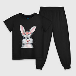 Пижама хлопковая детская Кролик в цветах, цвет: черный