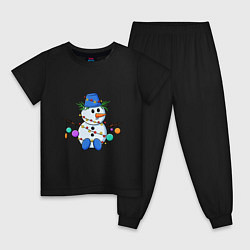 Пижама хлопковая детская Веселый новогодний снеговик, цвет: черный
