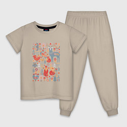Пижама хлопковая детская Животные, птицы, растения в скандинавском стиле, цвет: миндальный