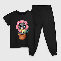 Пижама хлопковая детская Кошка цветок, цвет: черный