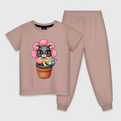 Пижама хлопковая детская Кошка цветок, цвет: пыльно-розовый