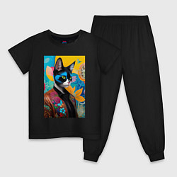 Пижама хлопковая детская Модный котяра - нейросеть, цвет: черный