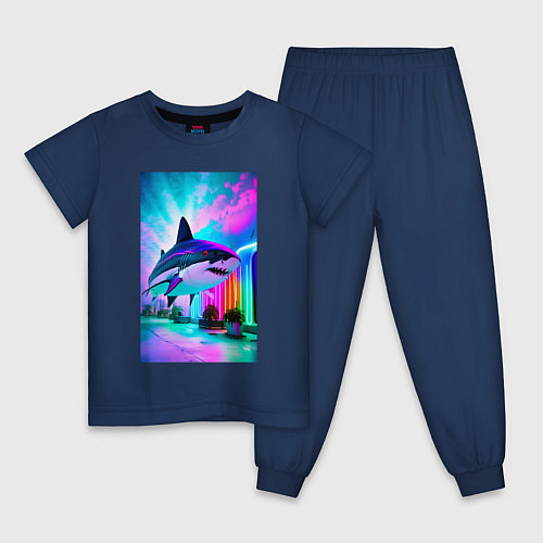 Детская пижама Неоновая акула - нейросеть / Тёмно-синий – фото 1