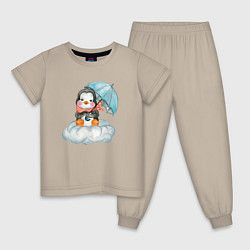 Пижама хлопковая детская Пингвин на облаке с зонтом, цвет: миндальный