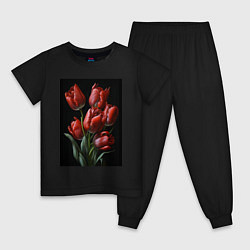 Пижама хлопковая детская Букет тюльпанов, цвет: черный