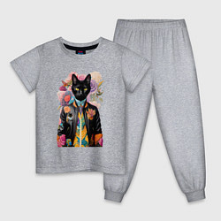 Пижама хлопковая детская Чёрный кот модник - нейросеть, цвет: меланж