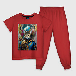 Пижама хлопковая детская Портрет кота - стимпанк - нейросеть, цвет: красный