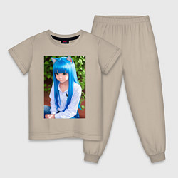 Пижама хлопковая детская Аниме Девочка-кошка с синими волосами, цвет: миндальный