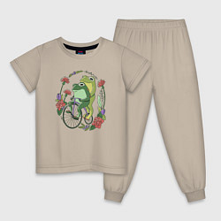 Пижама хлопковая детская Лягушки на велосипеде, цвет: миндальный