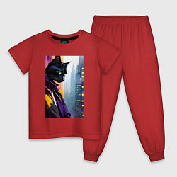Пижама хлопковая детская Black cat in New York - neural network, цвет: красный