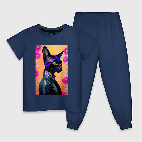 Детская пижама Элегантная модная кошечка / Тёмно-синий – фото 1