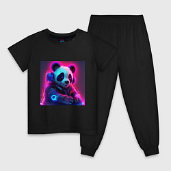 Пижама хлопковая детская Диджей панда в свете неона, цвет: черный