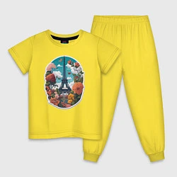 Пижама хлопковая детская Эйфелева башня в цветах, цвет: желтый