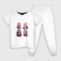 Пижама хлопковая детская Участницы Блэк Пинк в виде стикеров, цвет: белый